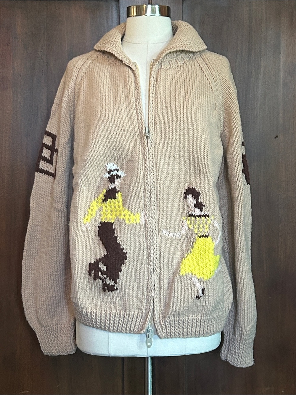 Camel Double-Zip Handknit Sweater with Square Dance Motif